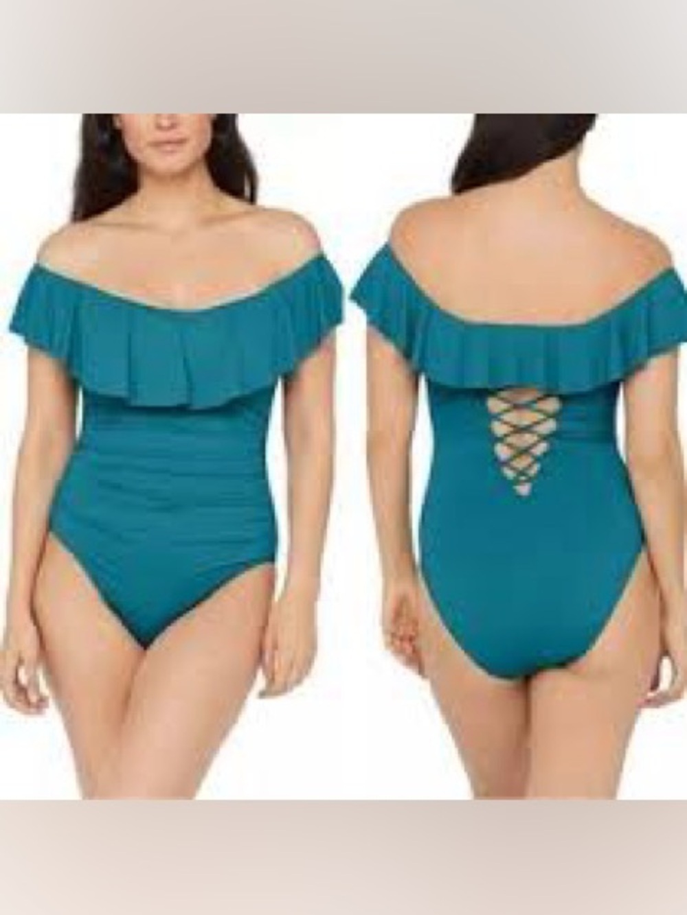 La Blanca Off The Shoulder Ruffle One Piece Swimsuit Teal Ruched Corset Back 8